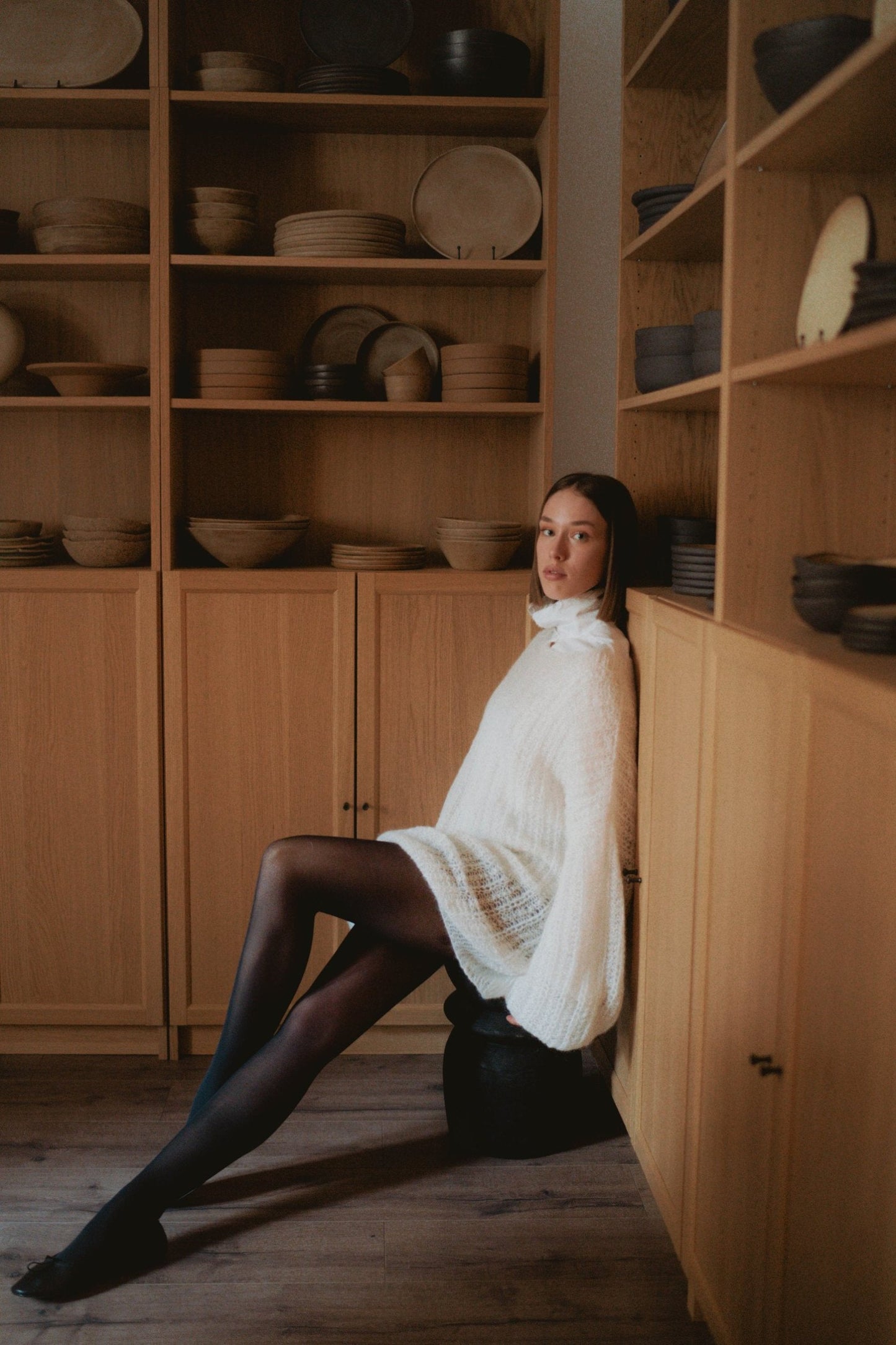 Crew-neck silk mohair knit meringue