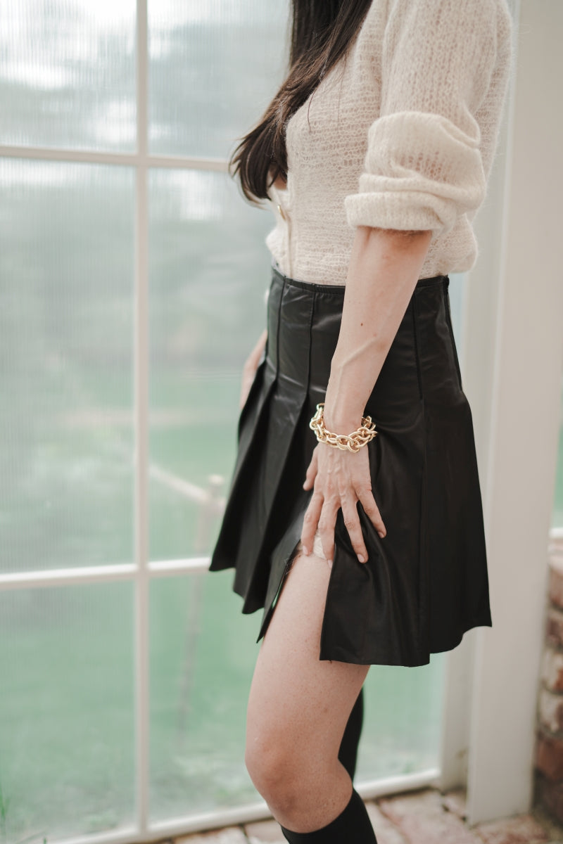 Pleated Leather Mini Skirt